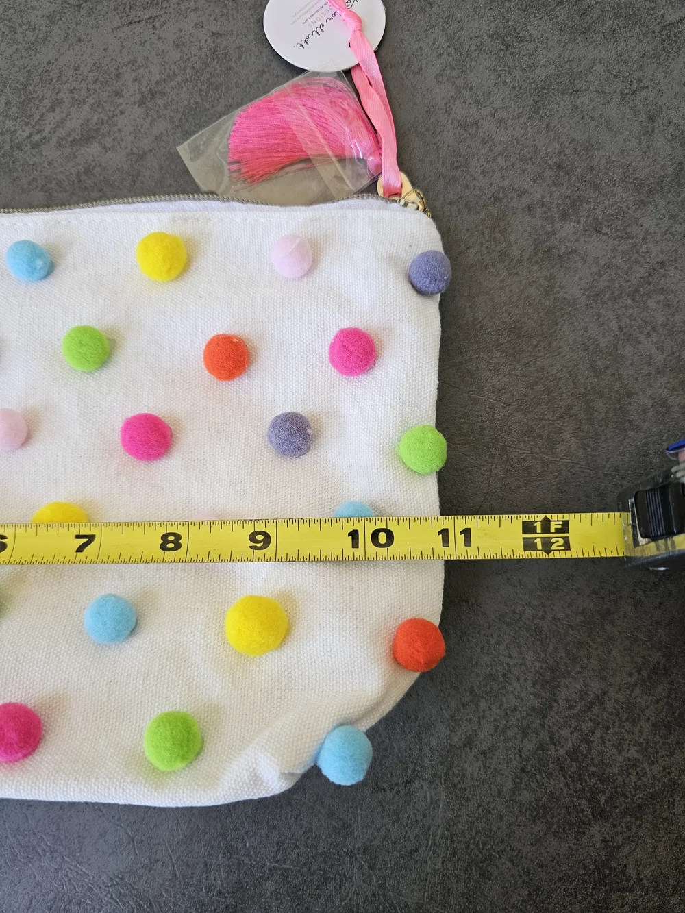White Pom-Pom Cosmetic Pouch with Multicolor Dots